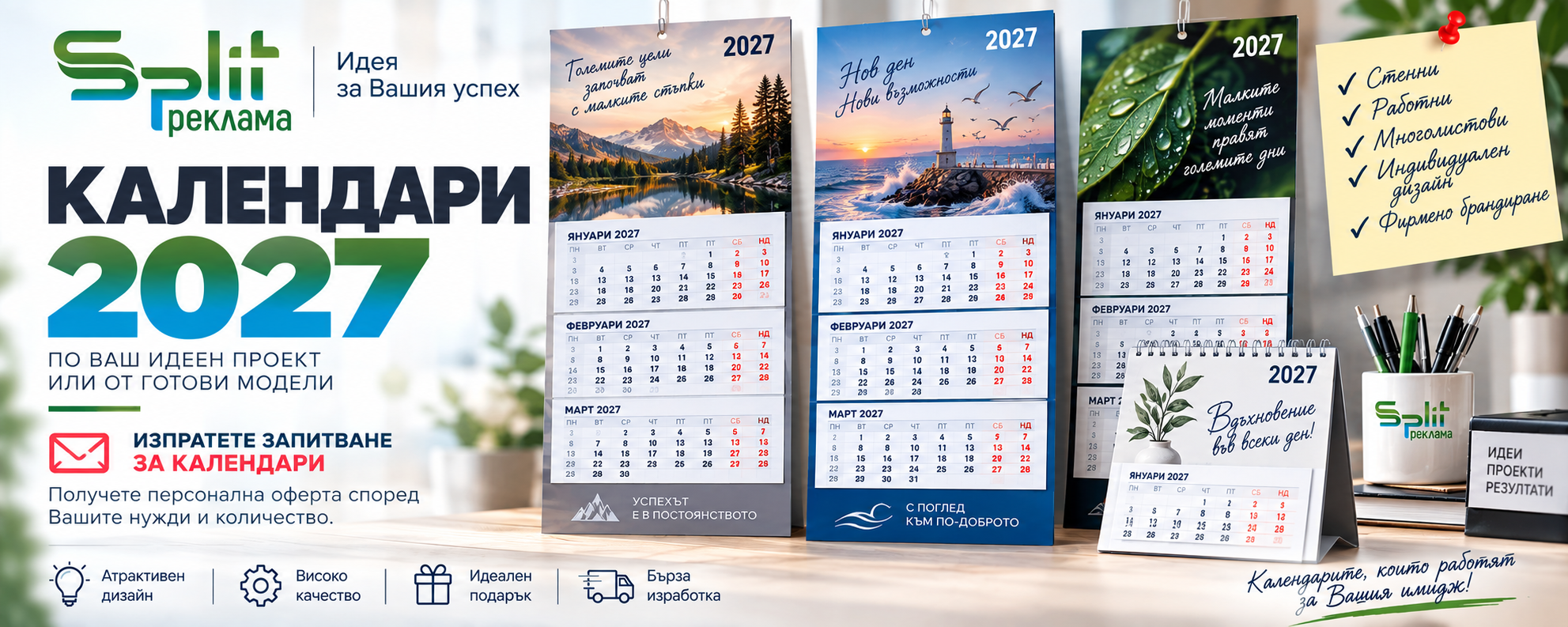 Рекламни календари 2027 с фирмено лого и индивидуално брандиране – Сплит Реклама